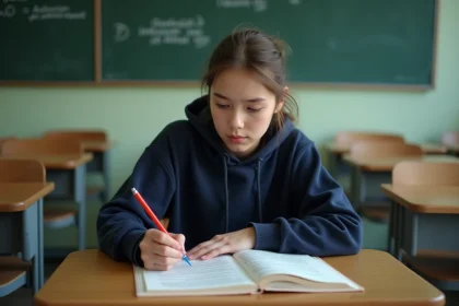 Lycéenne annotant une copie de bac avec des figures de style en classe de français