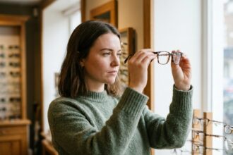 Étudiante en Bretagne examinant des lunettes dans une opticienne, illustrant les aides financières disponibles pour les étudiants