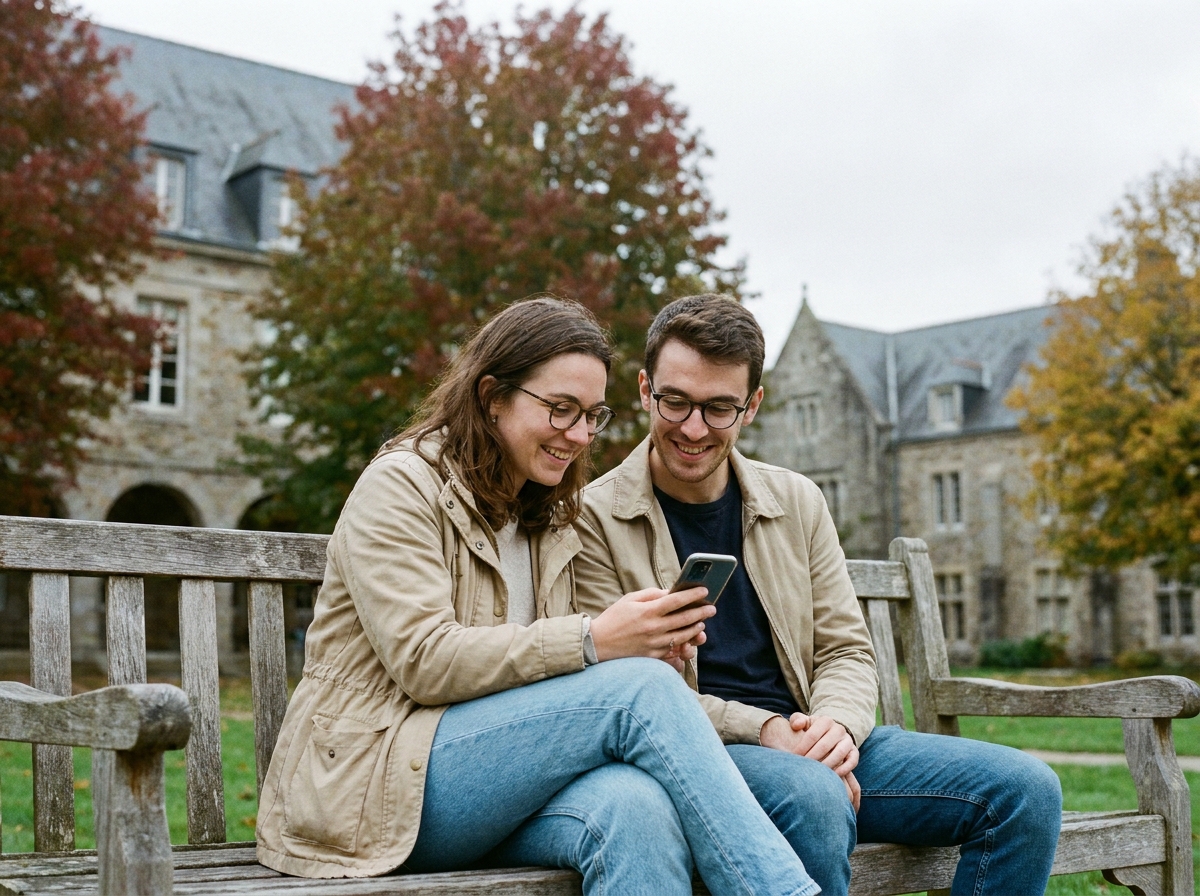 Deux étudiants portant des lunettes sur un campus breton, discutant des aides pour financer leurs équipements optiques