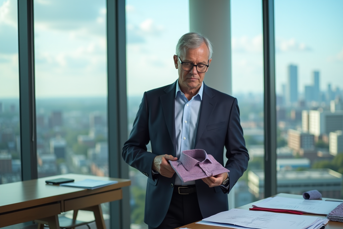 Executif textile senior examinant un vêtement dans un bureau moderne