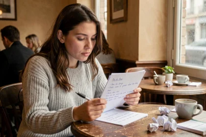 Jeune femme concentrée sur un exercice de grammaire française dans un café parisien, hésitant entre les formes 'attends' et 'attend'