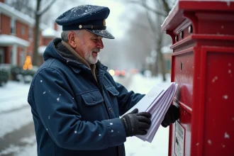 Facteur en uniforme déposé des enveloppes dans une boîte aux lettres