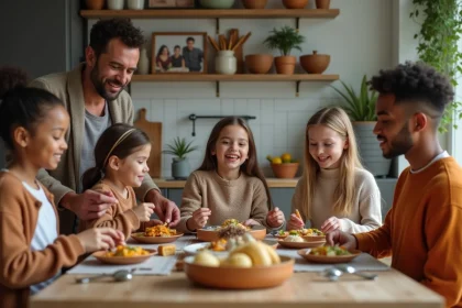 Famille multiculturelle partageant un repas convivial &agrave; la maison