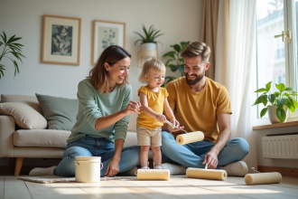 Famille peignant un mur intérieur avec des rouleaux