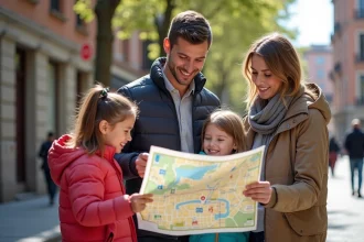 Famille à Toulouse regardant une carte de la ville