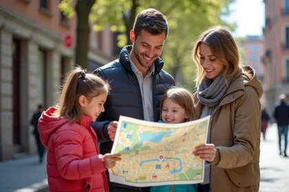 Famille &agrave; Toulouse regardant une carte de la ville