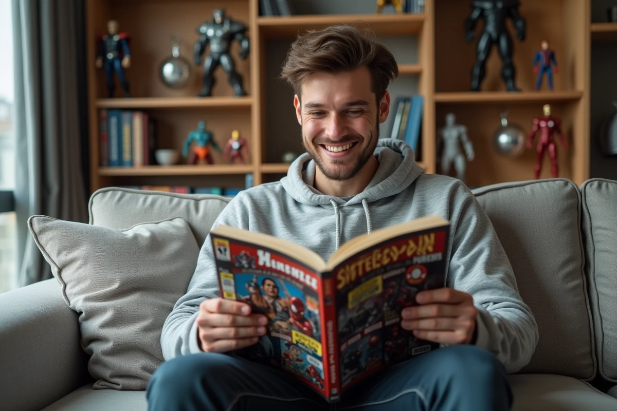 Fan de Marvel tenant une collection de comics Spider-Man et Avengers dans son salon décoré de figurines