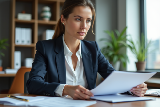 Femme d'affaires examinant des documents immobiliers dans un bureau