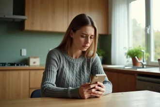 Femme regardant un appel masqué sur son smartphone dans une cuisine moderne