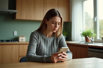 Femme regardant un appel masqué sur son smartphone dans une cuisine moderne