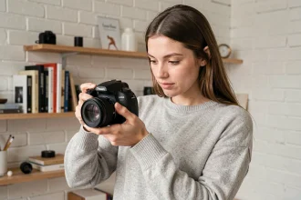 Jeune femme tenant un appareil photo reflex DSLR et consultant l'écran arrière dans un studio photo, idéale pour illustrer l'apprentissage de la photographie débutant