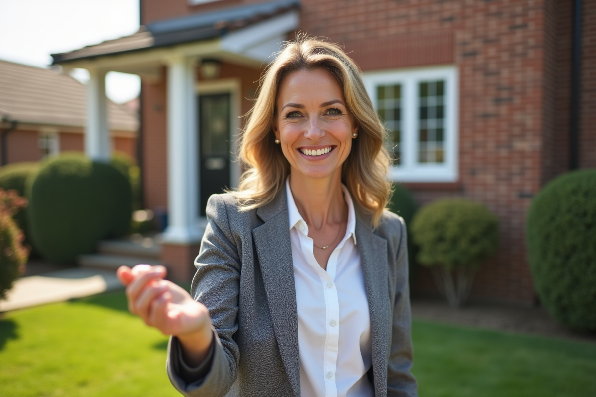 Femme souriante tenant des clés devant sa maison neuve