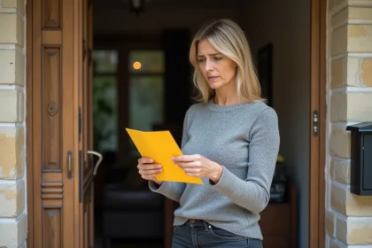 Femme examinant un avis de passage recommandé 2C devant sa porte d'entrée avec une expression perplexe