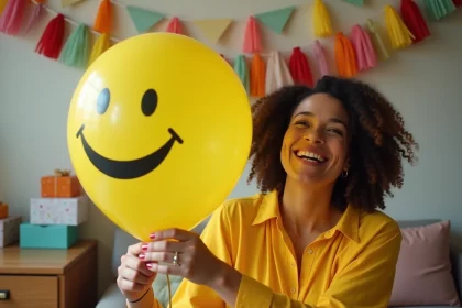 Femme souriante tenant un ballon smiley anniversaire jaune dans un salon décoré de guirlandes festives