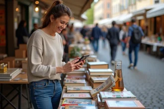 Femme souriante arrangeant livres et jouets vintage à la brocante