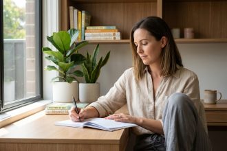 Femme concentrée remplissant un cahier de bien-être dans un bureau lumineux