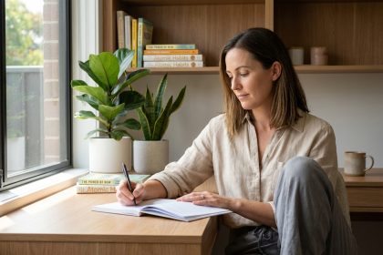 Femme concentrée remplissant un cahier de bien-être dans un bureau lumineux