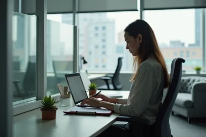 Femme en tenue professionnelle travaillant sur un ordinateur dans un bureau moderne