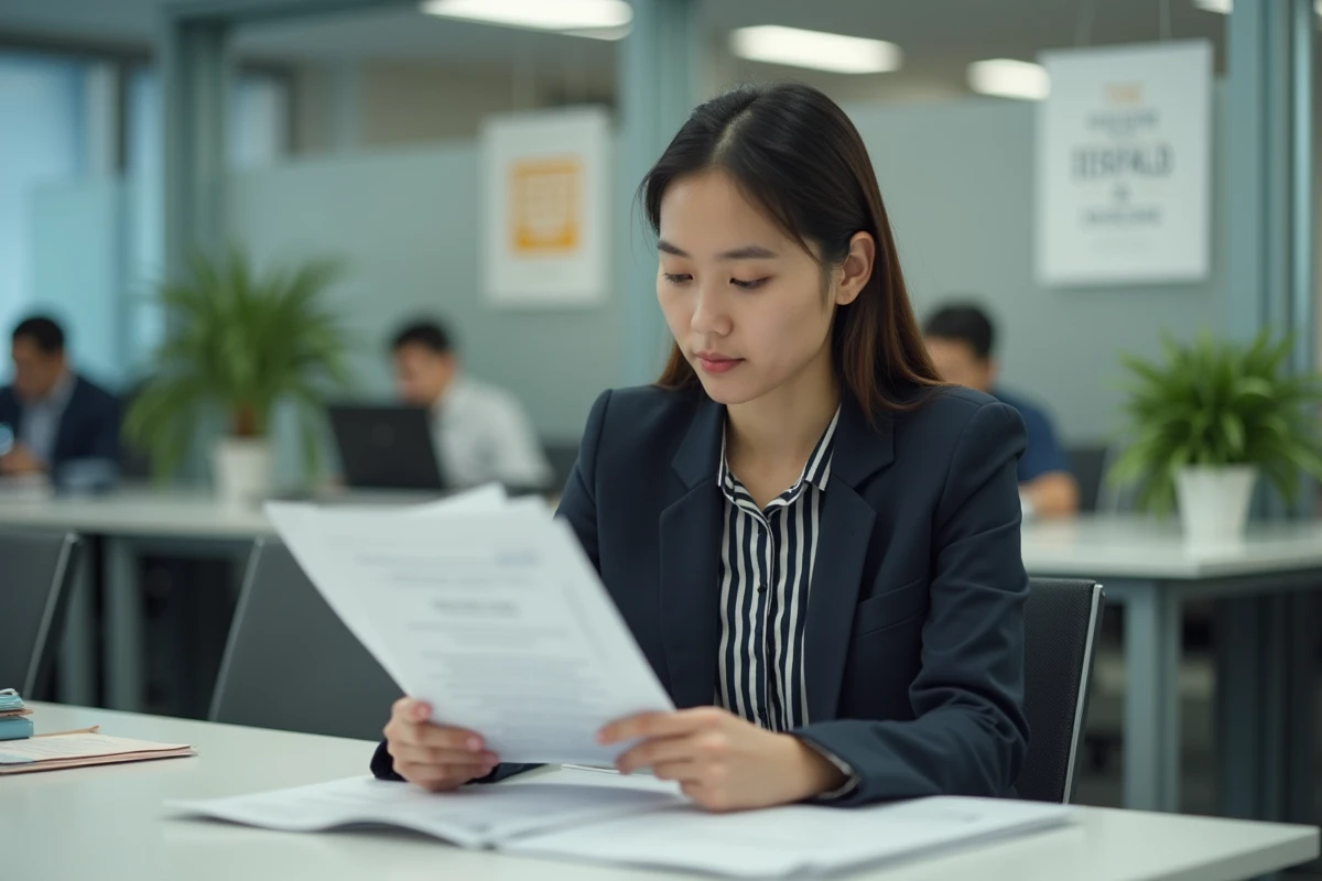Jeune femme au bureau regardant des papiers avec concentration