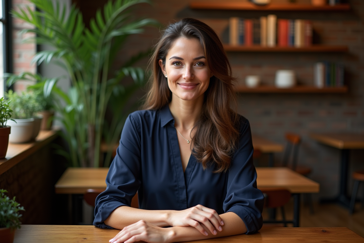 Femme assise dans un café avec ambiance chaleureuse