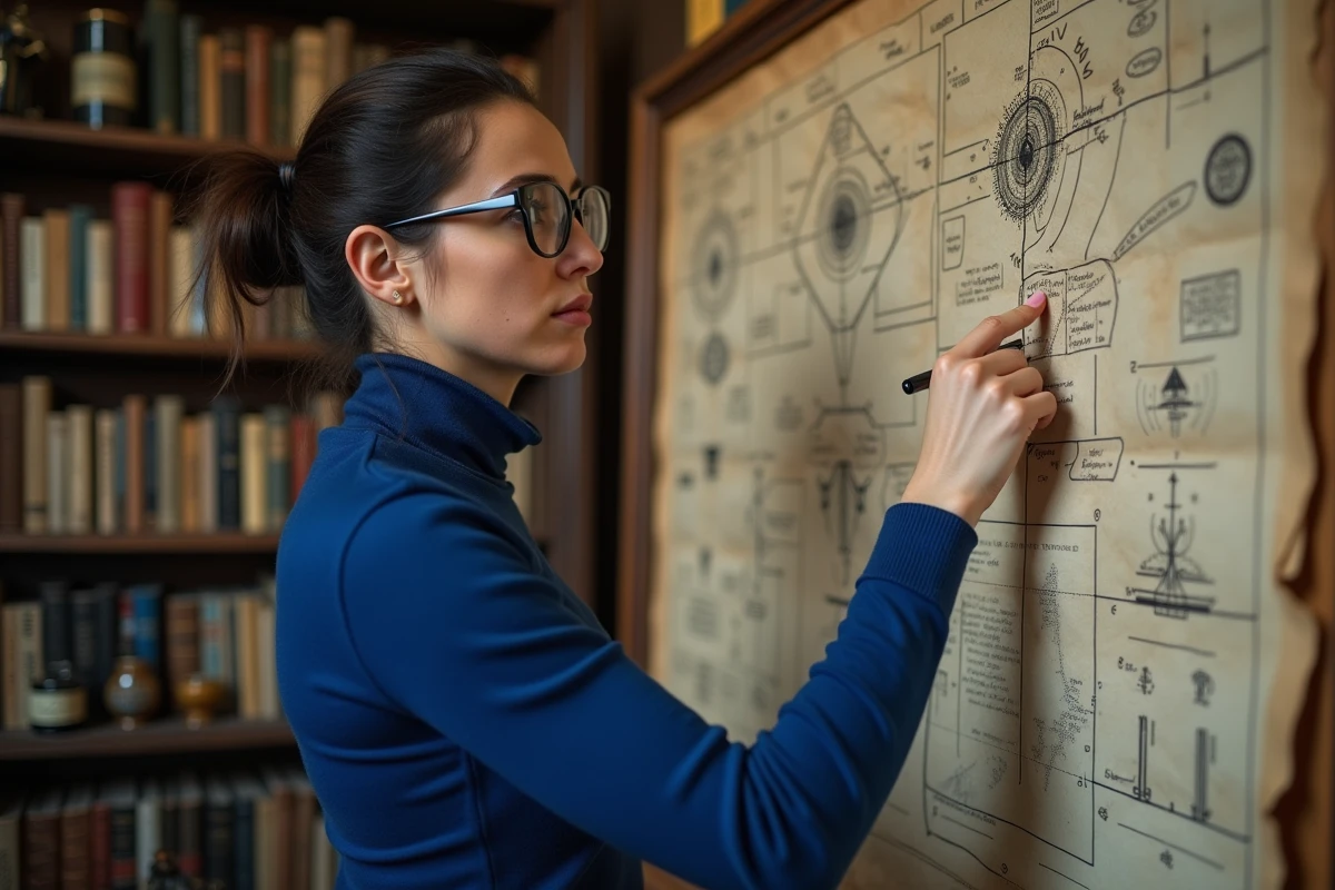 Femme en turtleneck bleu examinant un symbole mystérieux