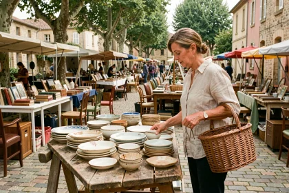 Femme chinant des céramiques vintage sur un marché brocante en plein air dans les Yvelines