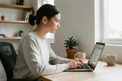 Femme tapant un È majuscule avec accent grave sur un clavier Windows dans un bureau à domicile