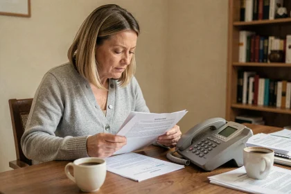 Femme configurant le répondeur de sa messagerie fixe Free à son bureau à domicile