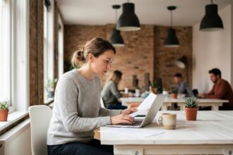 Femme travaillant dans un espace de coworking moderne près de Rennes avec bureau minimaliste et ambiance collaborative