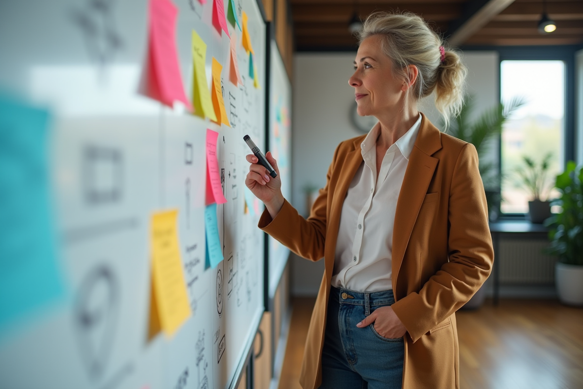 Femme confiante devant un mur de notes et diagrammes créatifs