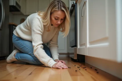 Femme examinant une traînée de fourmis dans la cuisine moderne