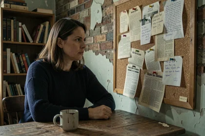 Femme scrutant un tableau d'investigation dans un appartement sombre, ambiance thriller Netflix