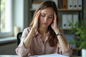 Femme fatiguée au bureau se massant les tempes