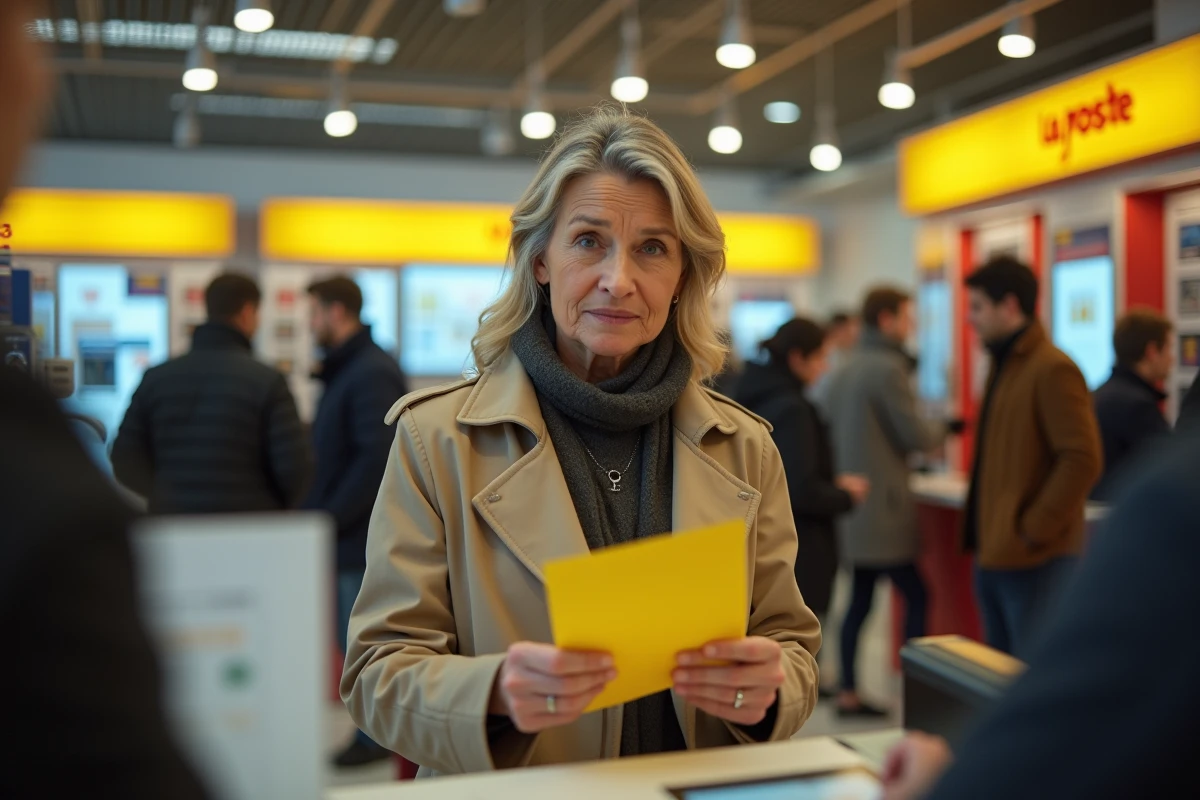 Femme au guichet de La Poste tendant un avis de passage recommandé 2C suspect à un agent postal