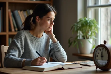 Femme contemplant une horloge murale affichant 13h31 dans un bureau cosy, symbolisant la signification de l'heure miroir