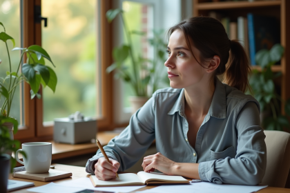 Femme en bureau à domicile pensant près d'une fenêtre