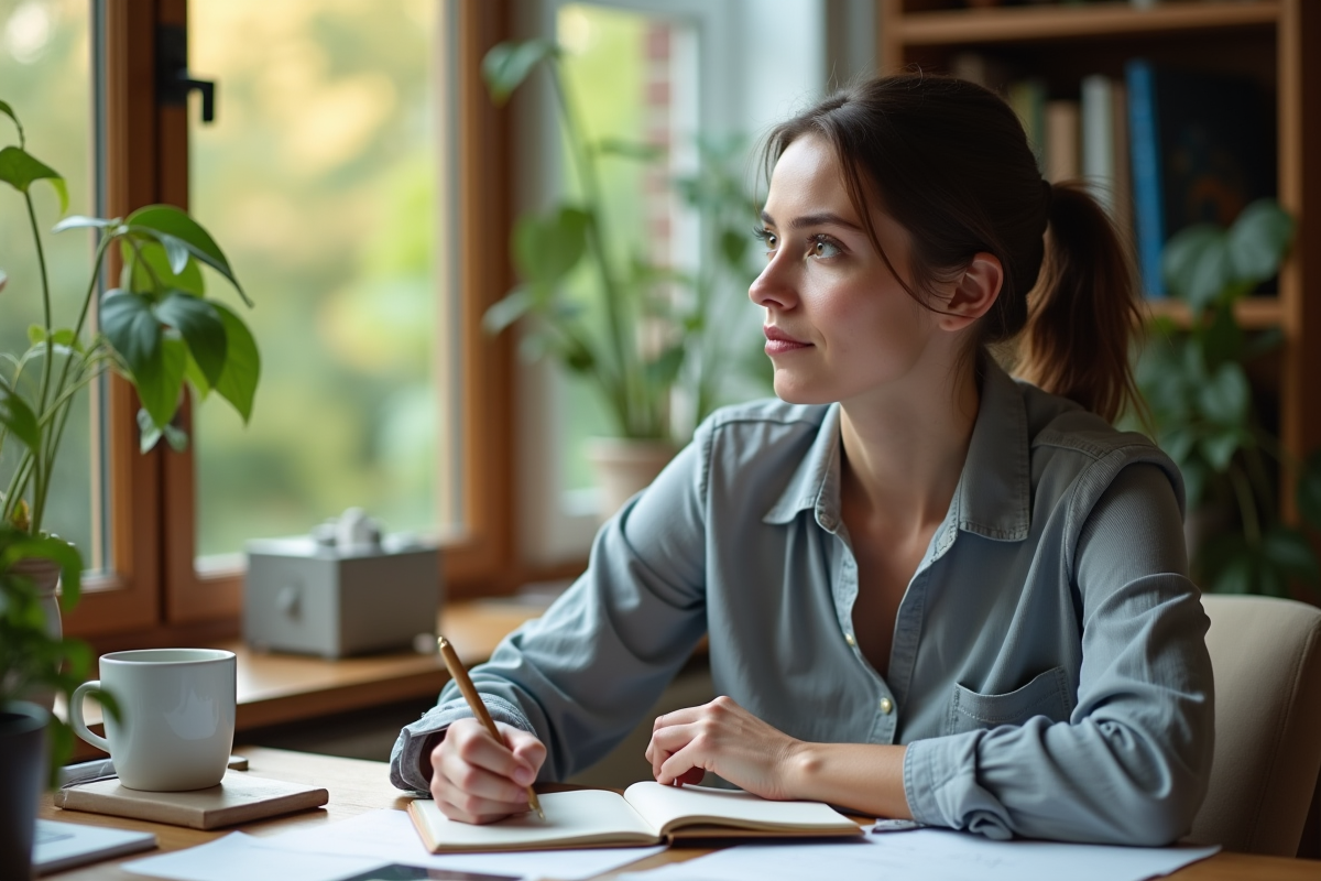 Femme en bureau à domicile pensant près d'une fenêtre