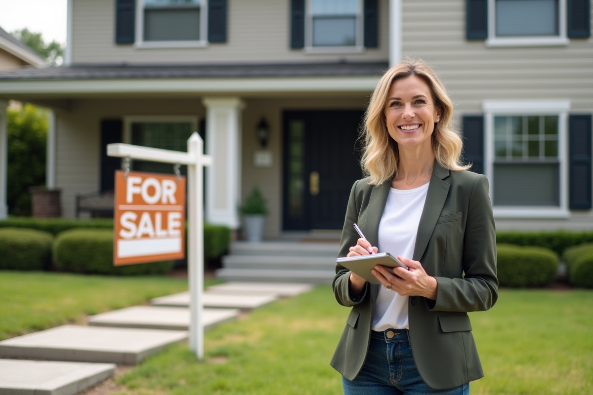 Femme souriante devant une maison rénovée