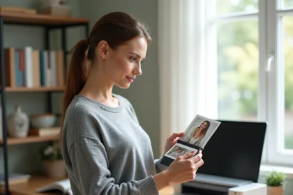 Femme tenant une imprimante photo portable et comparant une photo imprimée à une imprimante classique en arrière-plan