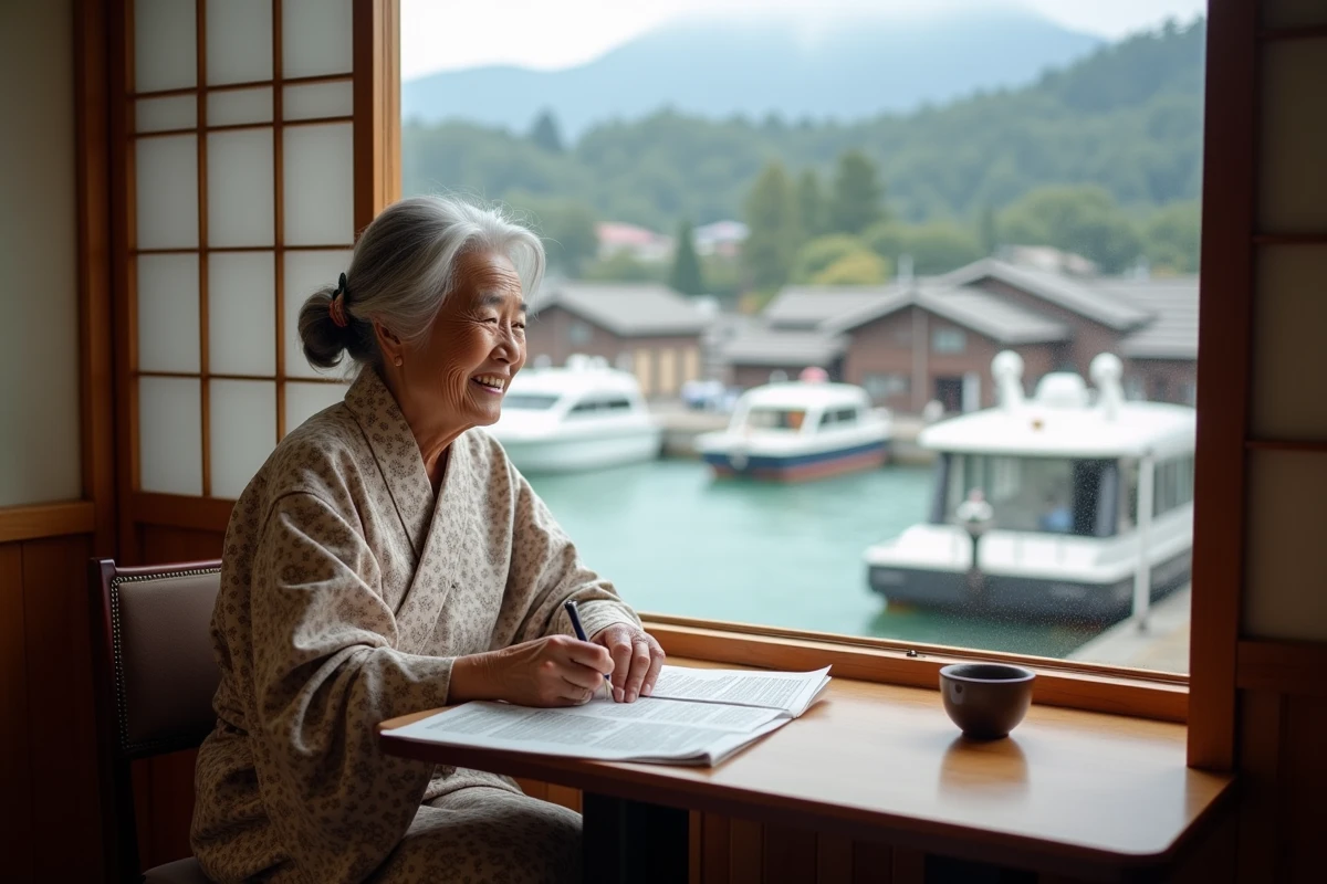 Femme japonaise écrivant dans un teahouse portuaire