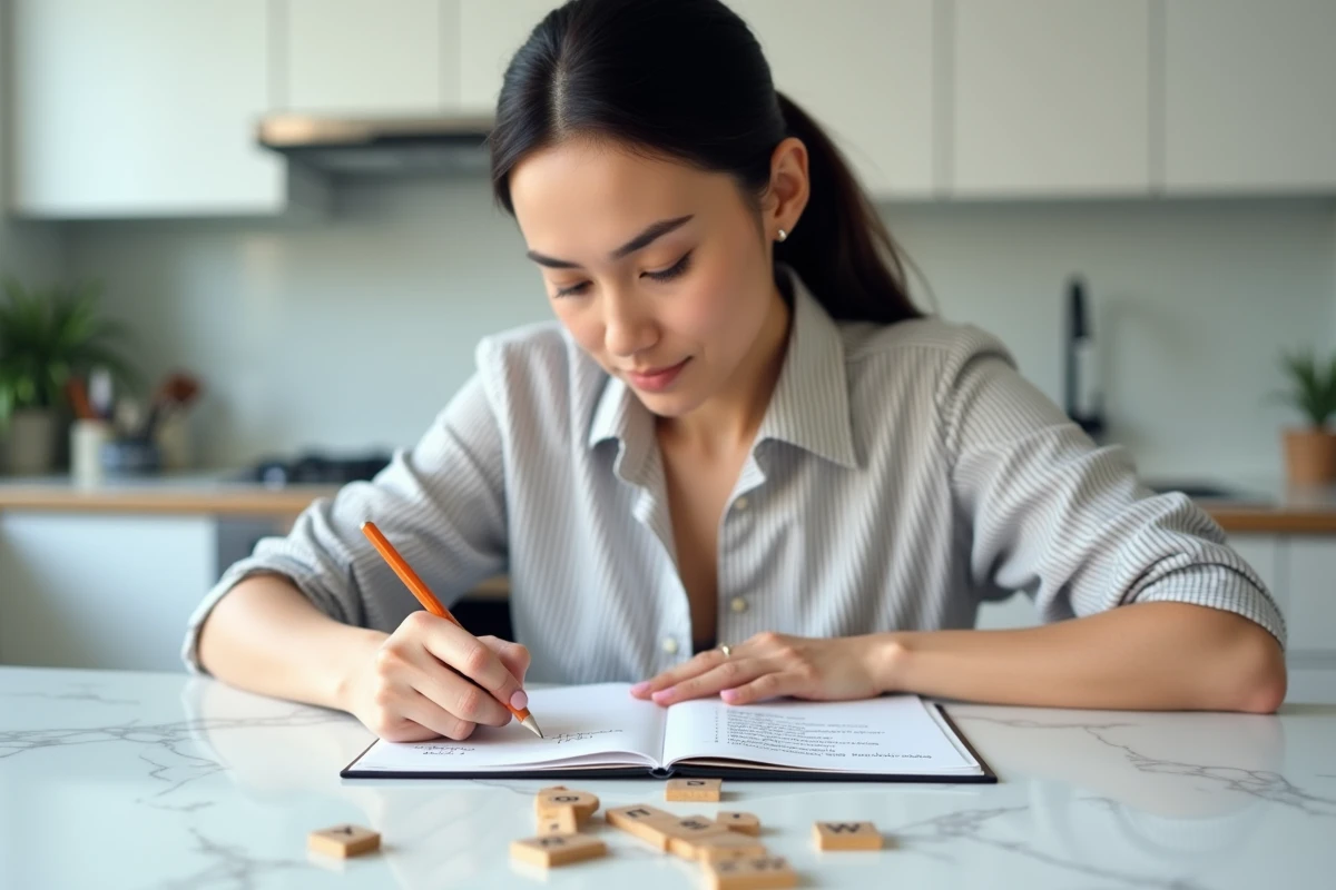 Femme étudiant une liste de mots de 3 lettres au Scrabble avec des tuiles W et Z sur un comptoir de cuisine moderne