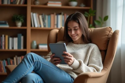 Jeune femme lisant un ebook dans un salon chaleureux