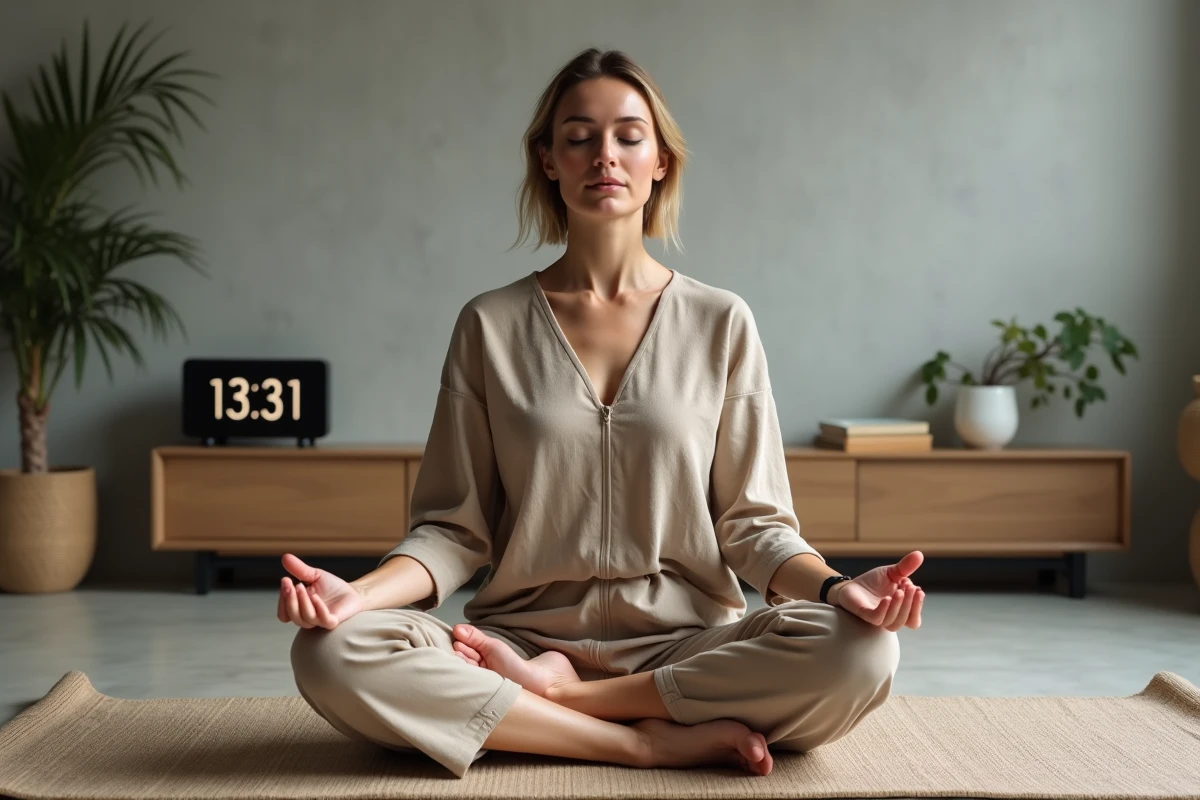 Femme en méditation sur un tapis de yoga avec une horloge affichant 13h31, pratique quotidienne inspirée par l'heure miroir