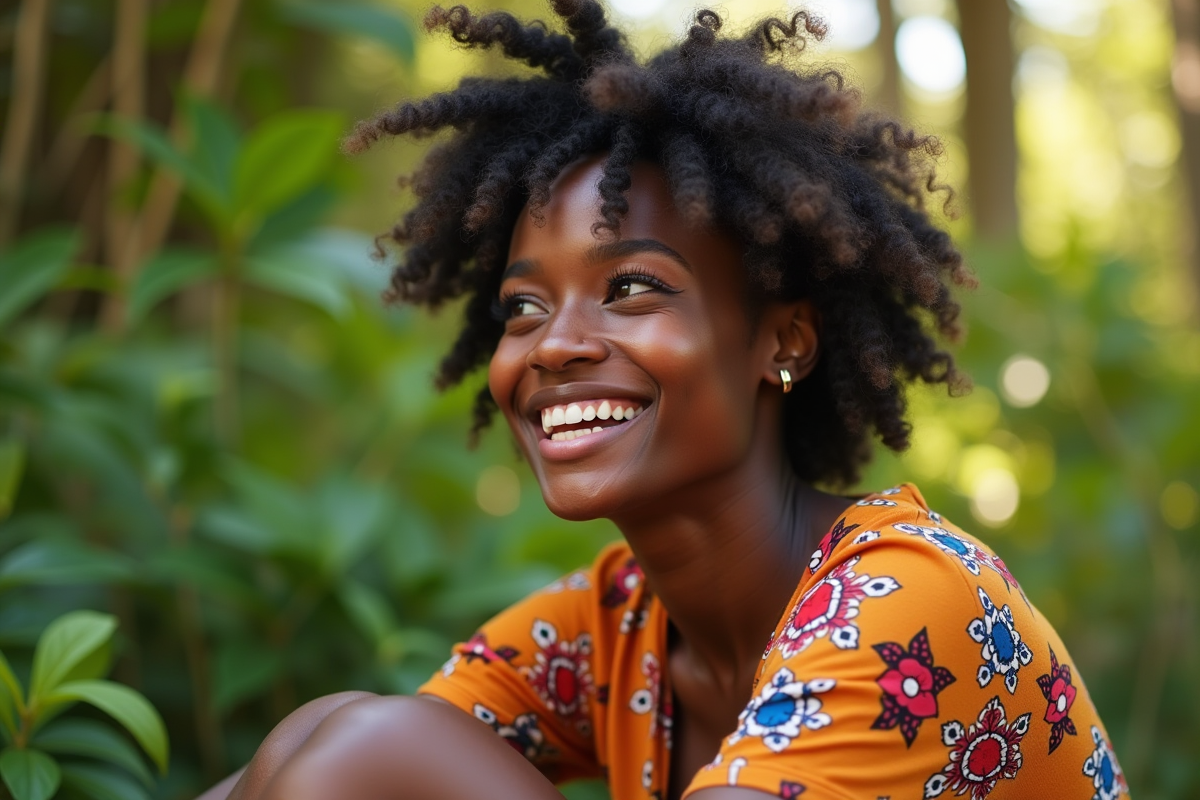 Femme noire joyeuse en extérieur parmi la verdure