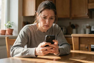 Femme inquiète regardant un numéro de téléphone inconnu sur son smartphone à la maison