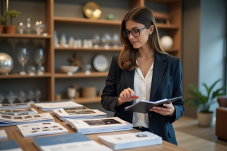 Femme en blazer avec un clipboard dans un showroom moderne