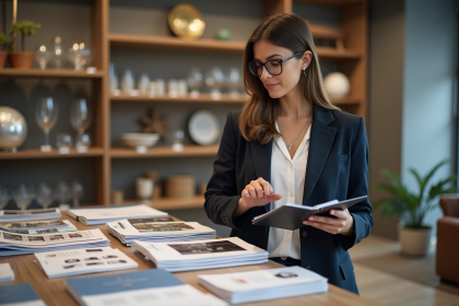 Femme en blazer avec un clipboard dans un showroom moderne