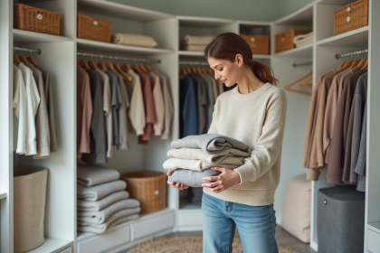 Femme pliant des vêtements dans une garde-robe organisée