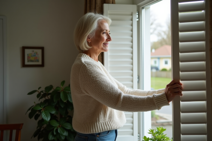 Femme d'âge moyen ouvrant des volets intérieurs dans une maison américaine