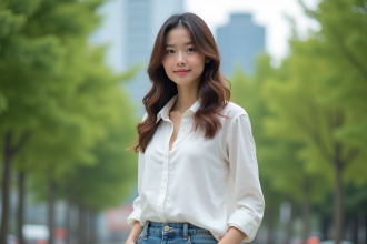 Femme en ville dans un parc urbain en tenue décontractée